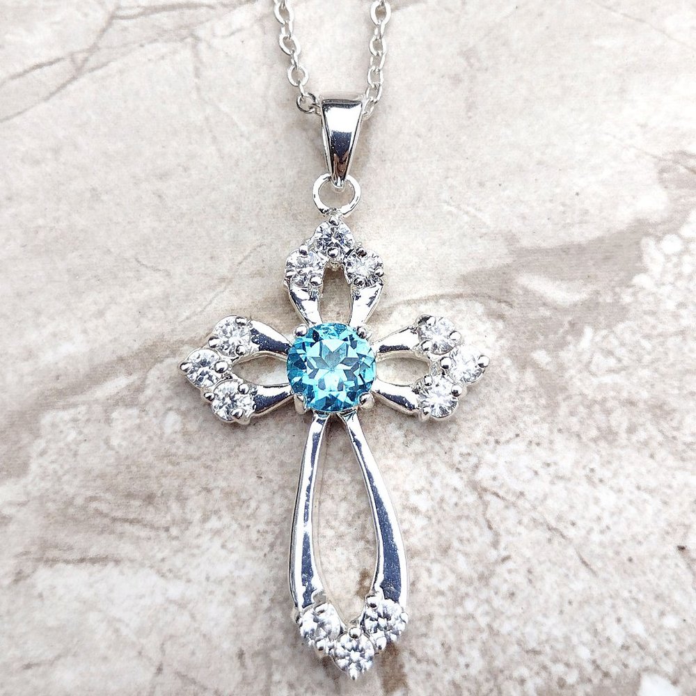 Silver Blue Topaz Cross Necklace